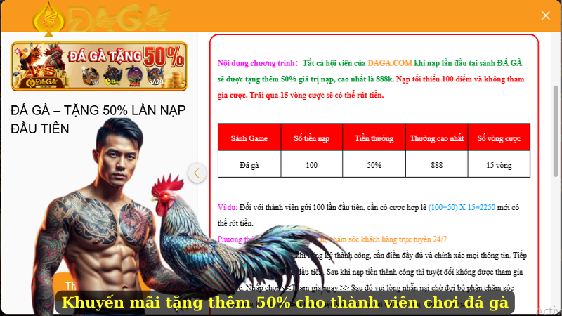 Khuyến mãi tặng thêm 50% cho thành viên chơi đá gà